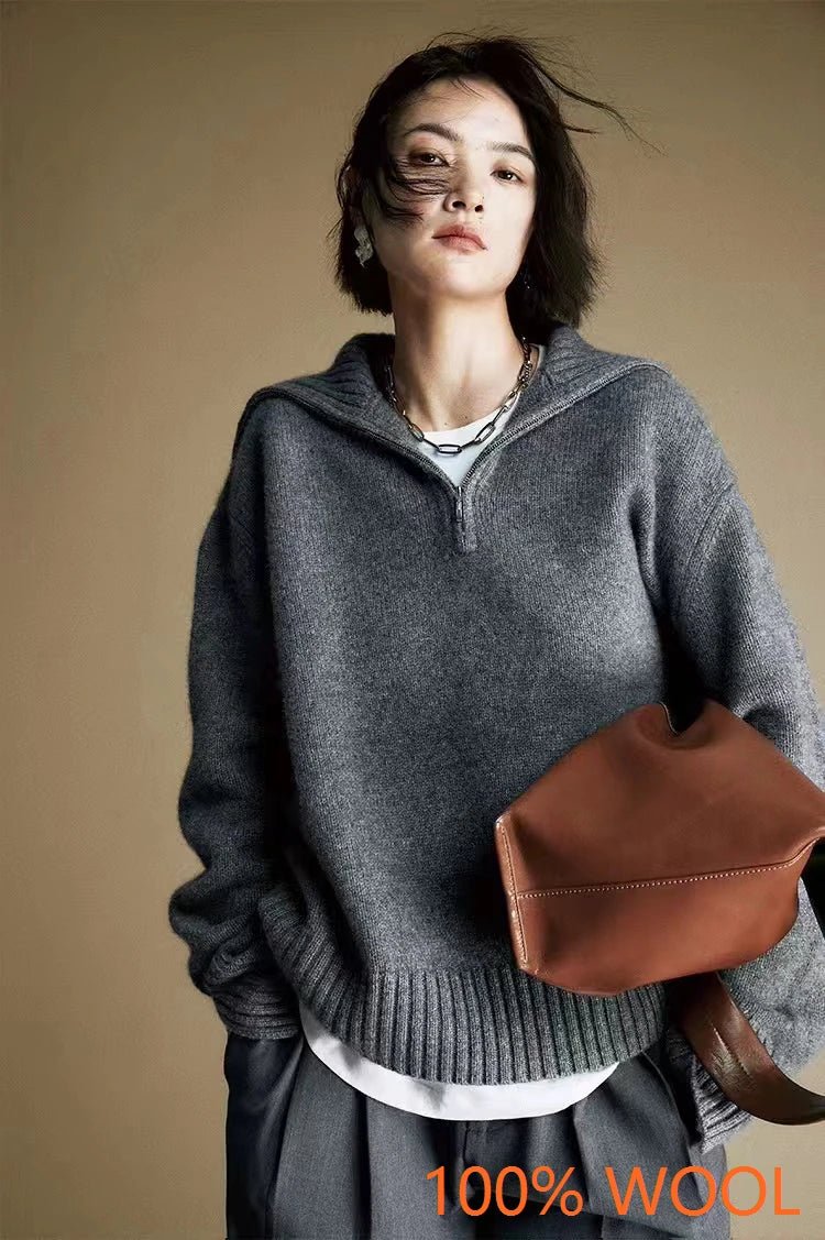 SaneShoppe - Hot Sale 2025 Women 100% Merino wool Sweater Knit Zipper High Neck Lapel Pullover Autumn Winter New Fashion Clothe Thick Warm
