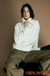 SaneShoppe - Hot Sale 2025 Women 100% Merino wool Sweater Knit Zipper High Neck Lapel Pullover Autumn Winter New Fashion Clothe Thick Warm