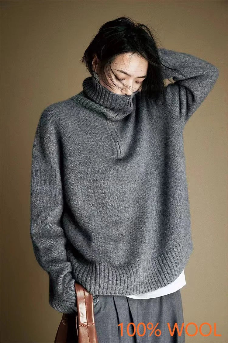 SaneShoppe - Hot Sale 2025 Women 100% Merino wool Sweater Knit Zipper High Neck Lapel Pullover Autumn Winter New Fashion Clothe Thick Warm