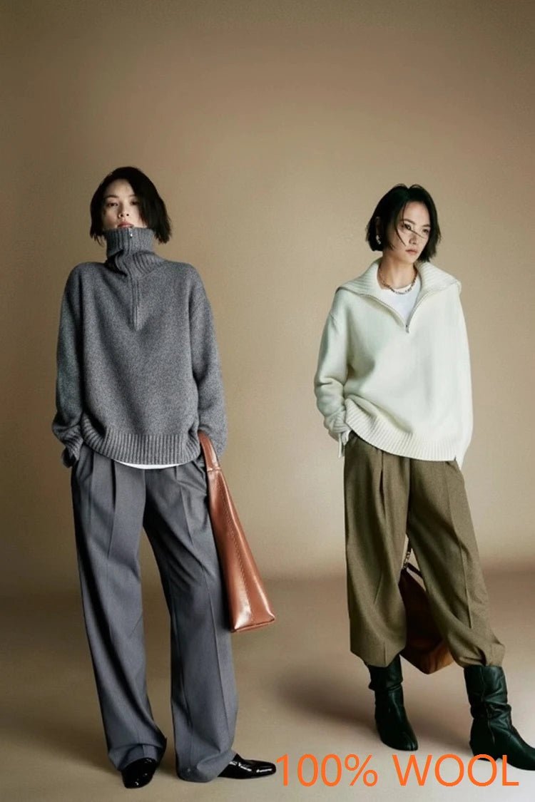 SaneShoppe - Hot Sale 2025 Women 100% Merino wool Sweater Knit Zipper High Neck Lapel Pullover Autumn Winter New Fashion Clothe Thick Warm