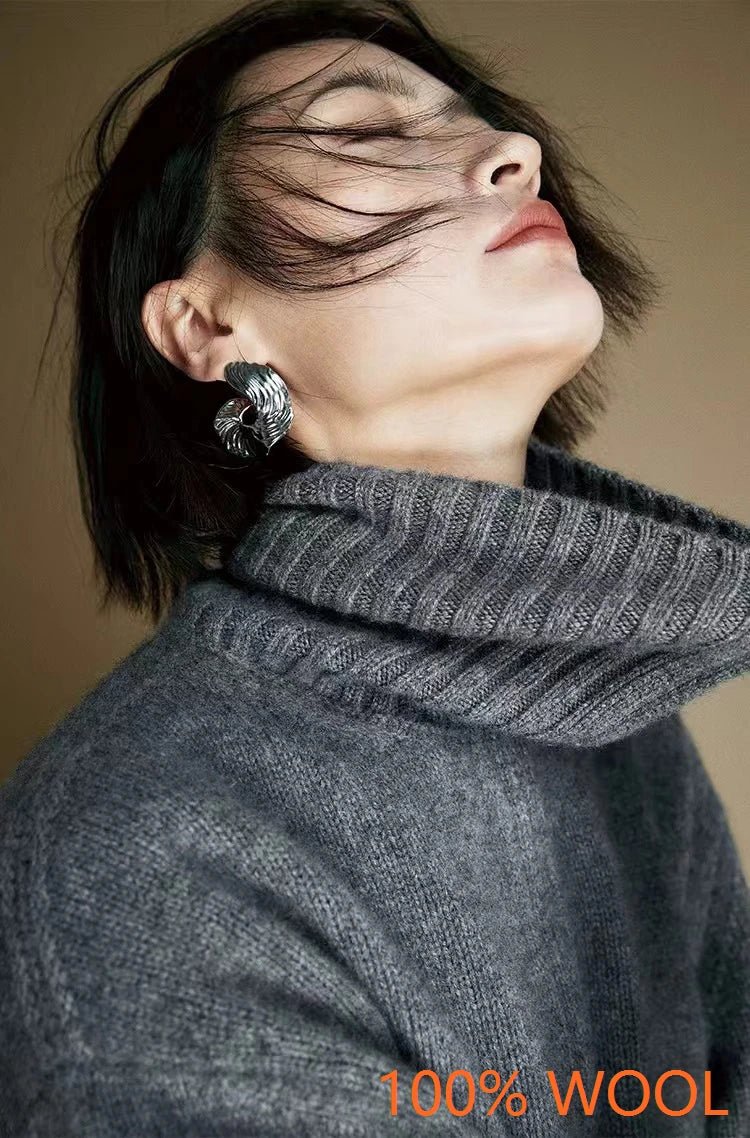 SaneShoppe - Hot Sale 2025 Women 100% Merino wool Sweater Knit Zipper High Neck Lapel Pullover Autumn Winter New Fashion Clothe Thick Warm