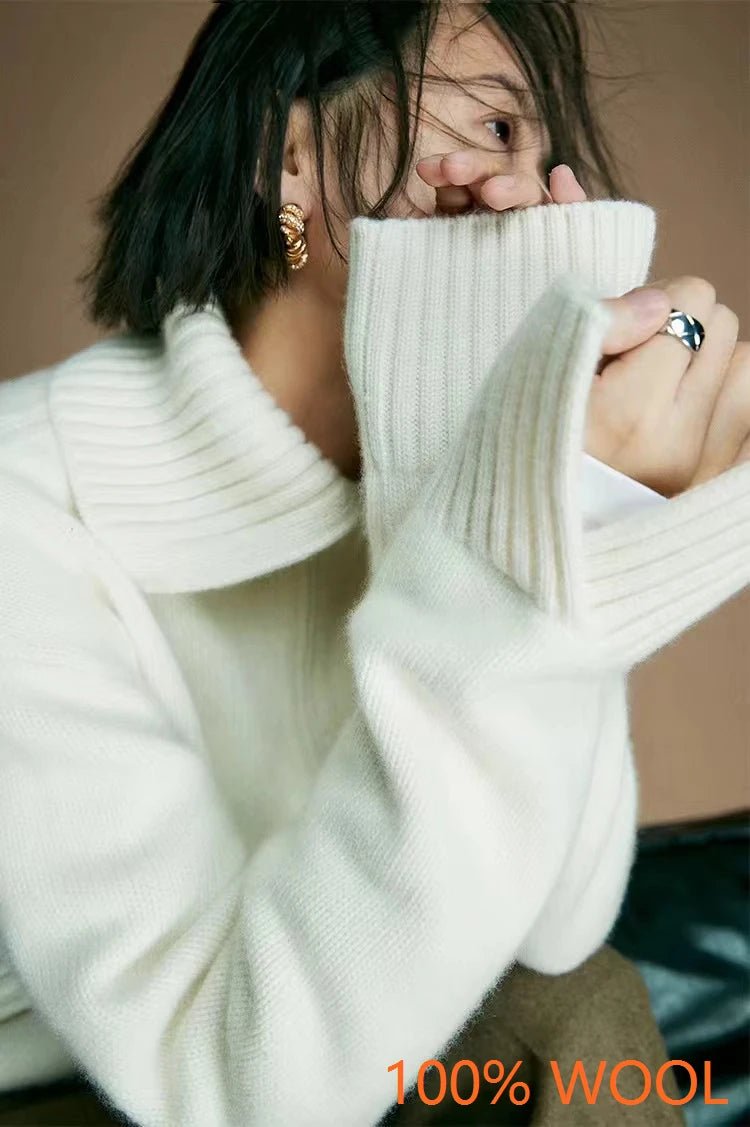 SaneShoppe - Hot Sale 2025 Women 100% Merino wool Sweater Knit Zipper High Neck Lapel Pullover Autumn Winter New Fashion Clothe Thick Warm