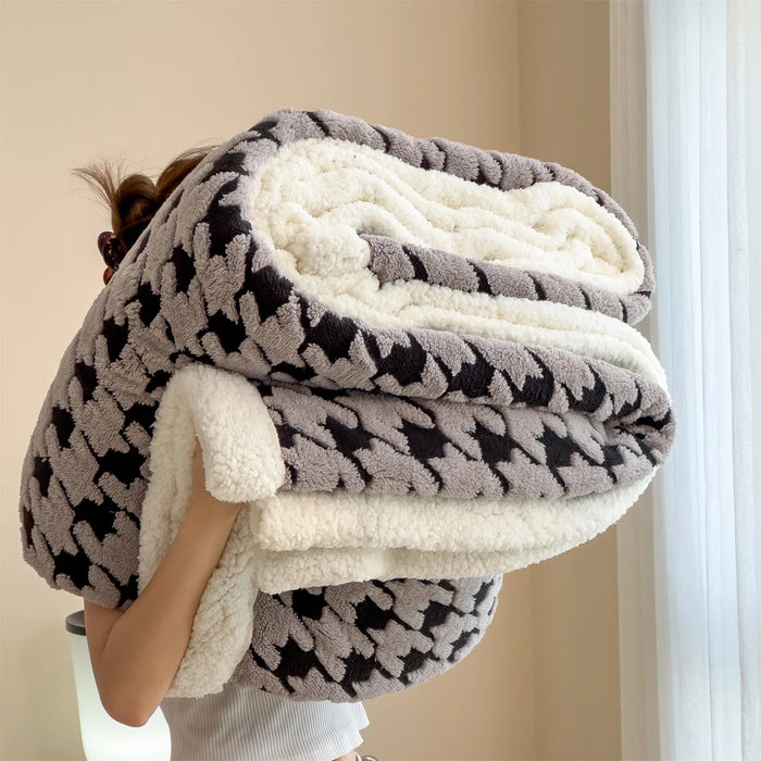 SaneShoppe - Houndstooth Pattern Spring Autumn Warm Fleece Blanket Cozy Soft Office Naps Sofa Bed Throw Blankets Jacquard Soft Plush Blanket