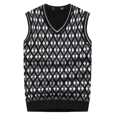 SaneShoppe - Knitted Sweaters for Men Sleeveless Vest Man Clothes Plaid Business V Neck Waistcoat Tops Y2k Vintage X High Quality Replica Fun