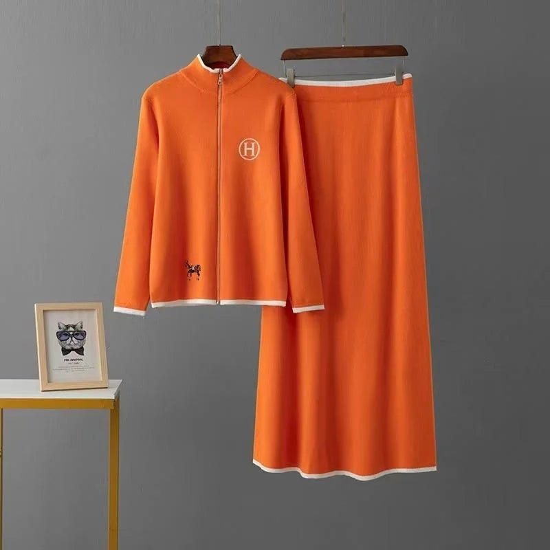 SaneShoppe - Knitted Zipper Sweater And Skirt Set Long Sve Stand Collar f Skirt Two Piece Set Faionable Autumn Wear for Women