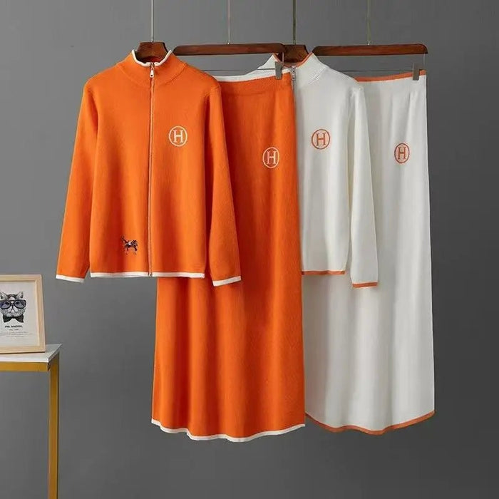 SaneShoppe - Knitted Zipper Sweater And Skirt Set Long Sve Stand Collar f Skirt Two Piece Set Faionable Autumn Wear for Women