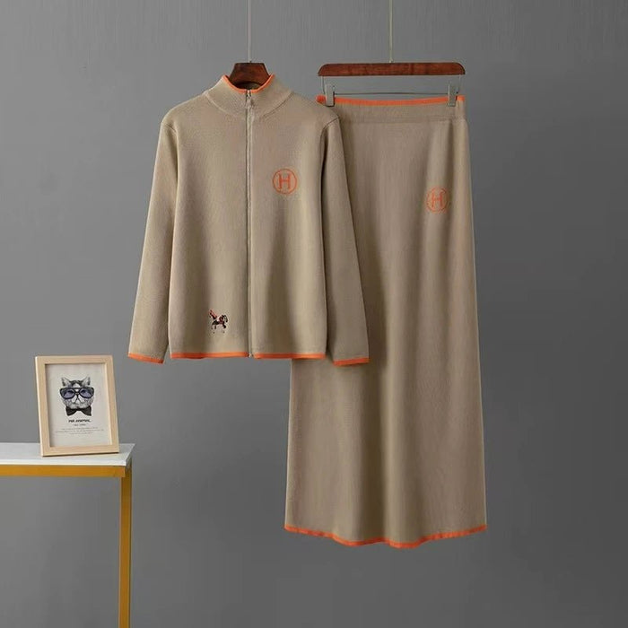 SaneShoppe - Knitted Zipper Sweater And Skirt Set Long Sve Stand Collar f Skirt Two Piece Set Faionable Autumn Wear for Women