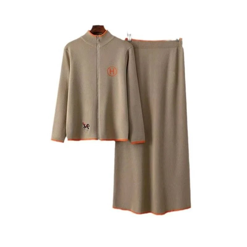 SaneShoppe - Knitted Zipper Sweater And Skirt Set Long Sve Stand Collar f Skirt Two Piece Set Faionable Autumn Wear for Women