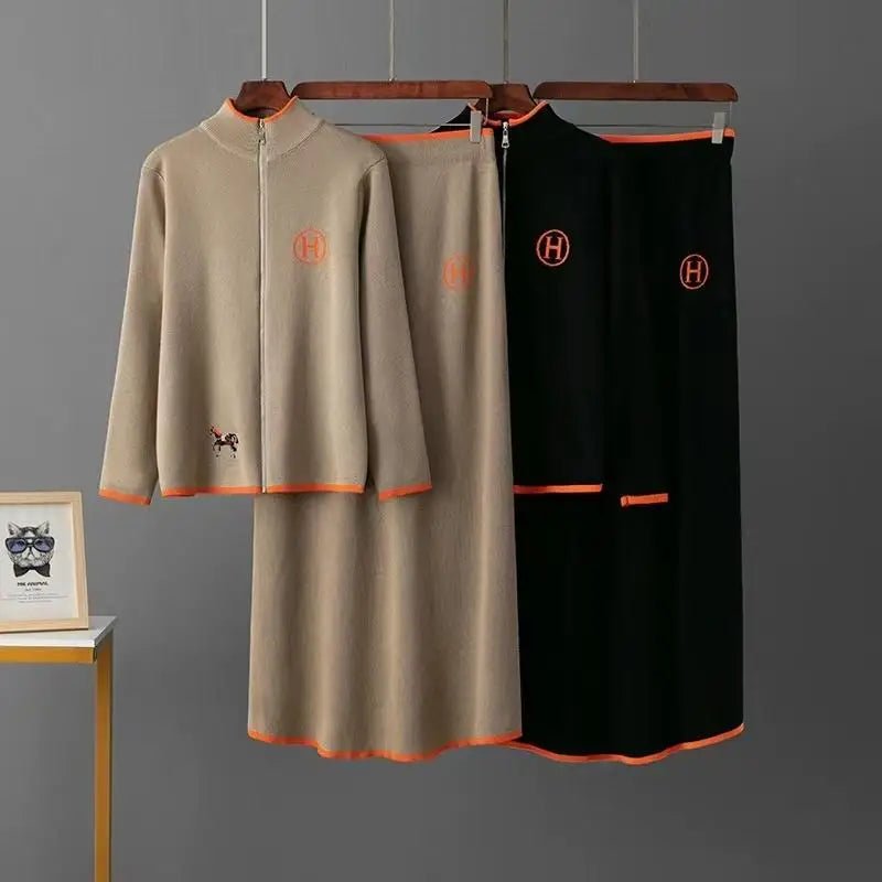 SaneShoppe - Knitted Zipper Sweater And Skirt Set Long Sve Stand Collar f Skirt Two Piece Set Faionable Autumn Wear for Women