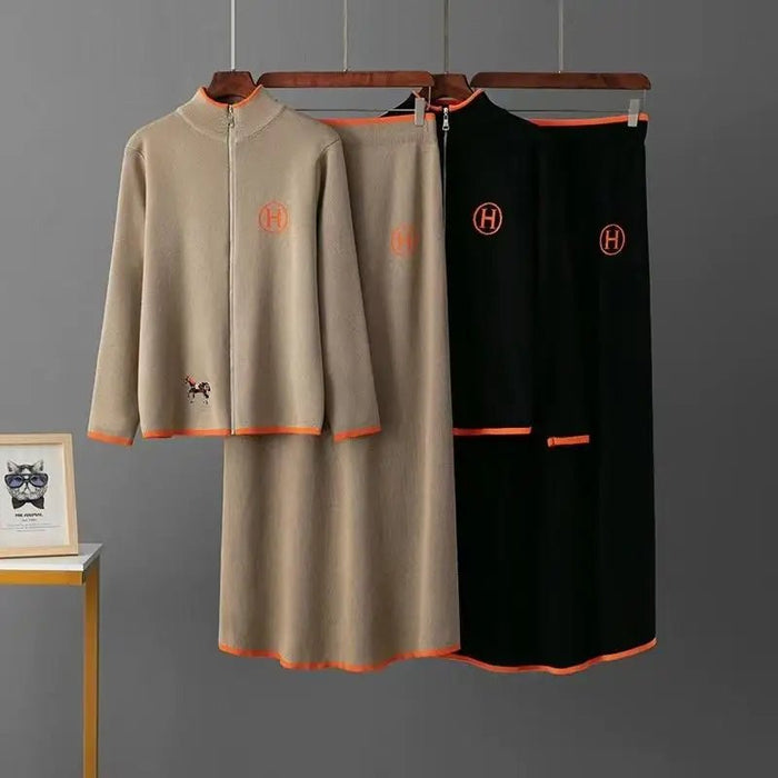SaneShoppe - Knitted Zipper Sweater And Skirt Set Long Sve Stand Collar f Skirt Two Piece Set Faionable Autumn Wear for Women