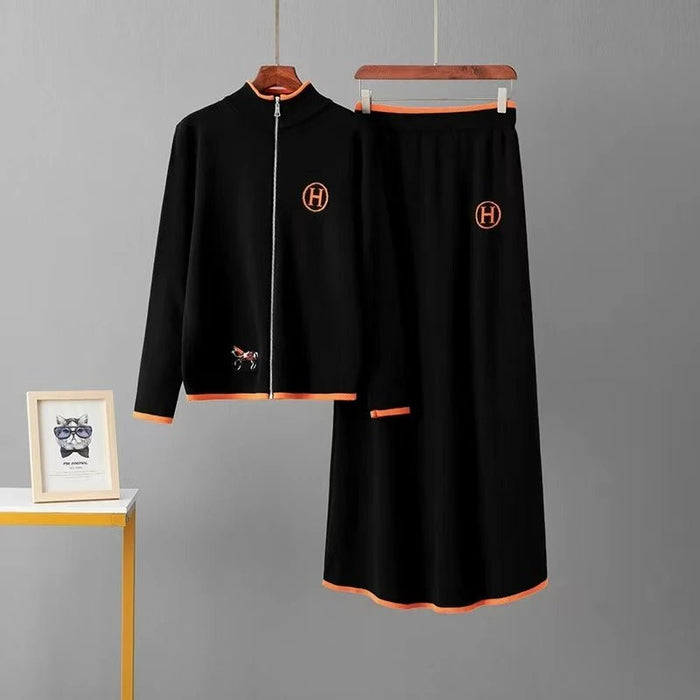 SaneShoppe - Knitted Zipper Sweater And Skirt Set Long Sve Stand Collar f Skirt Two Piece Set Faionable Autumn Wear for Women