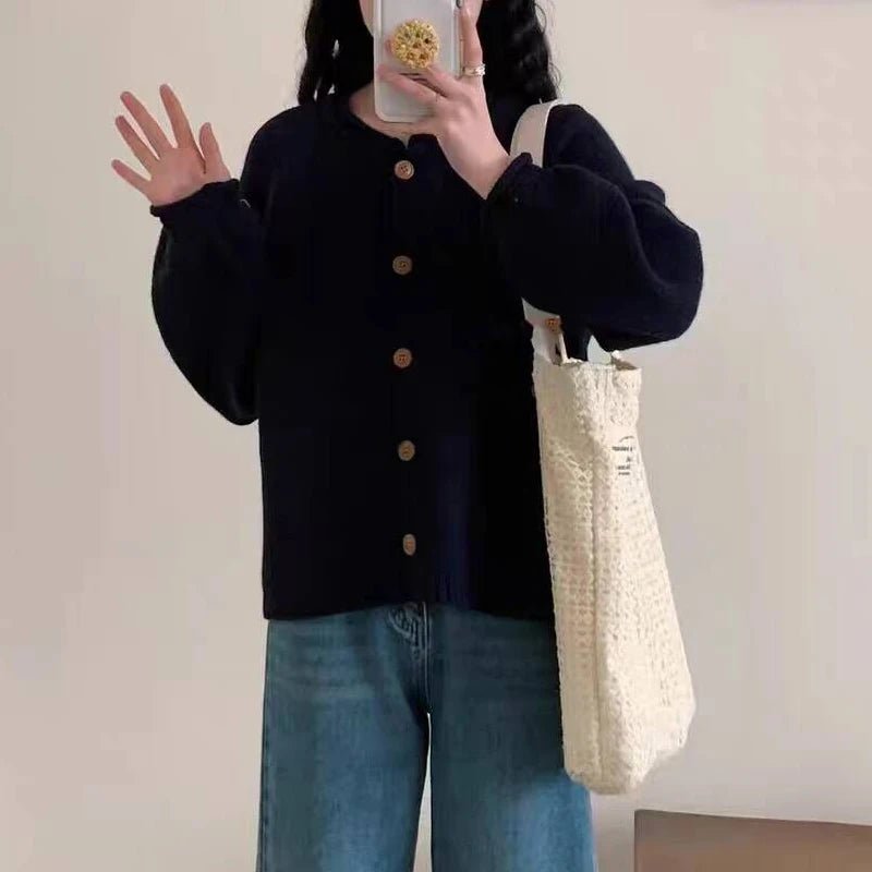 SaneShoppe - Korean Fashion O Neck Long Sleeve Cardigan Sweater Women Loose Knitted Jackets Casual Simple Retro Buttons Autumn Winter Coats