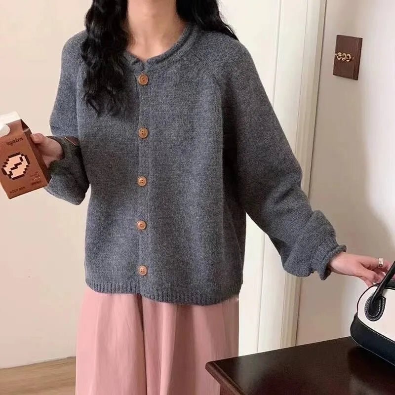 SaneShoppe - Korean Fashion O Neck Long Sleeve Cardigan Sweater Women Loose Knitted Jackets Casual Simple Retro Buttons Autumn Winter Coats