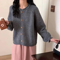 SaneShoppe - Korean Fashion O Neck Long Sleeve Cardigan Sweater Women Loose Knitted Jackets Casual Simple Retro Buttons Autumn Winter Coats