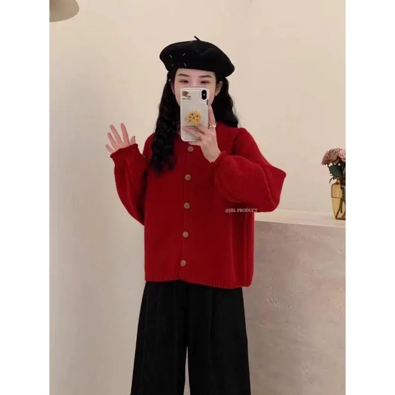 SaneShoppe - Korean Fashion O Neck Long Sleeve Cardigan Sweater Women Loose Knitted Jackets Casual Simple Retro Buttons Autumn Winter Coats