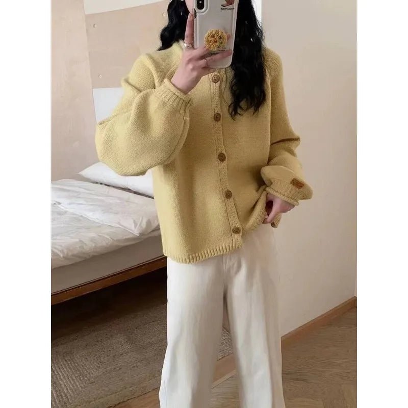 SaneShoppe - Korean Fashion O Neck Long Sleeve Cardigan Sweater Women Loose Knitted Jackets Casual Simple Retro Buttons Autumn Winter Coats