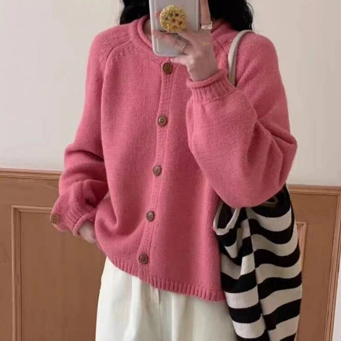 SaneShoppe - Korean Fashion O Neck Long Sleeve Cardigan Sweater Women Loose Knitted Jackets Casual Simple Retro Buttons Autumn Winter Coats