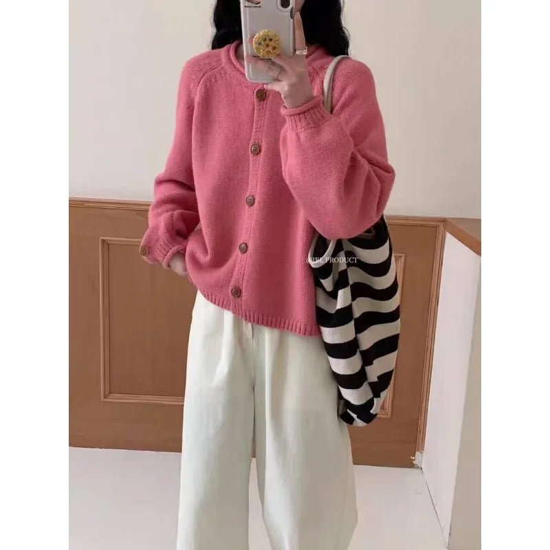 SaneShoppe - Korean Fashion O Neck Long Sleeve Cardigan Sweater Women Loose Knitted Jackets Casual Simple Retro Buttons Autumn Winter Coats