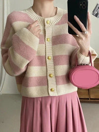 SaneShoppe - Korean fashion sweater cardigan women knitted striped sweater autumn winter long sleeve loose short cardigans female casual tops