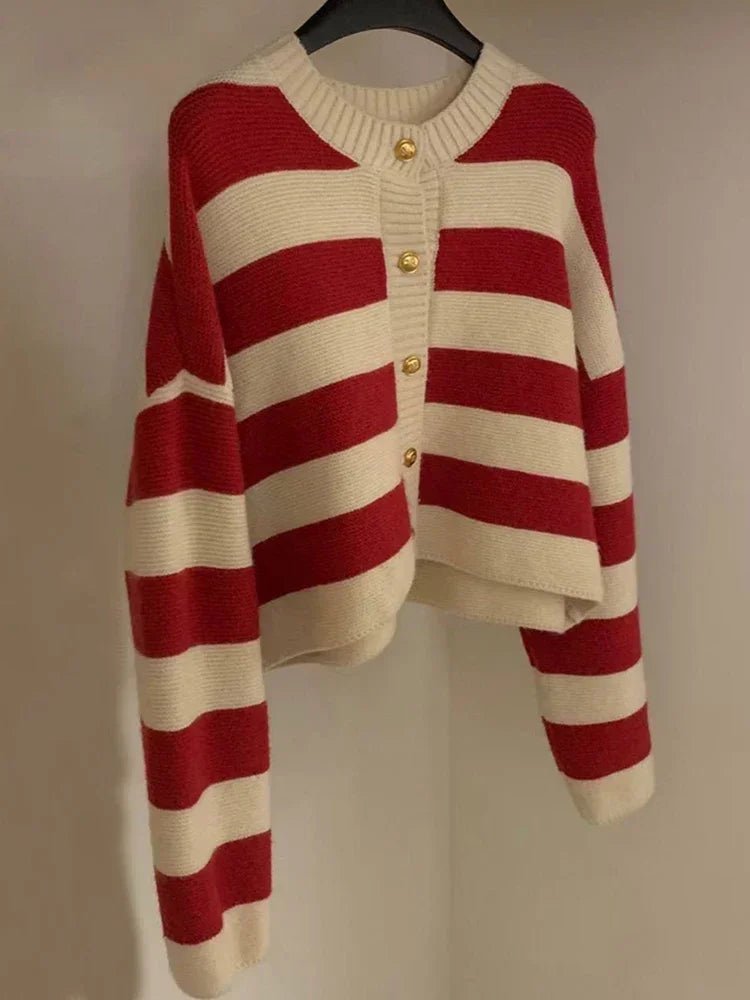 SaneShoppe - Korean fashion sweater cardigan women knitted striped sweater autumn winter long sleeve loose short cardigans female casual tops