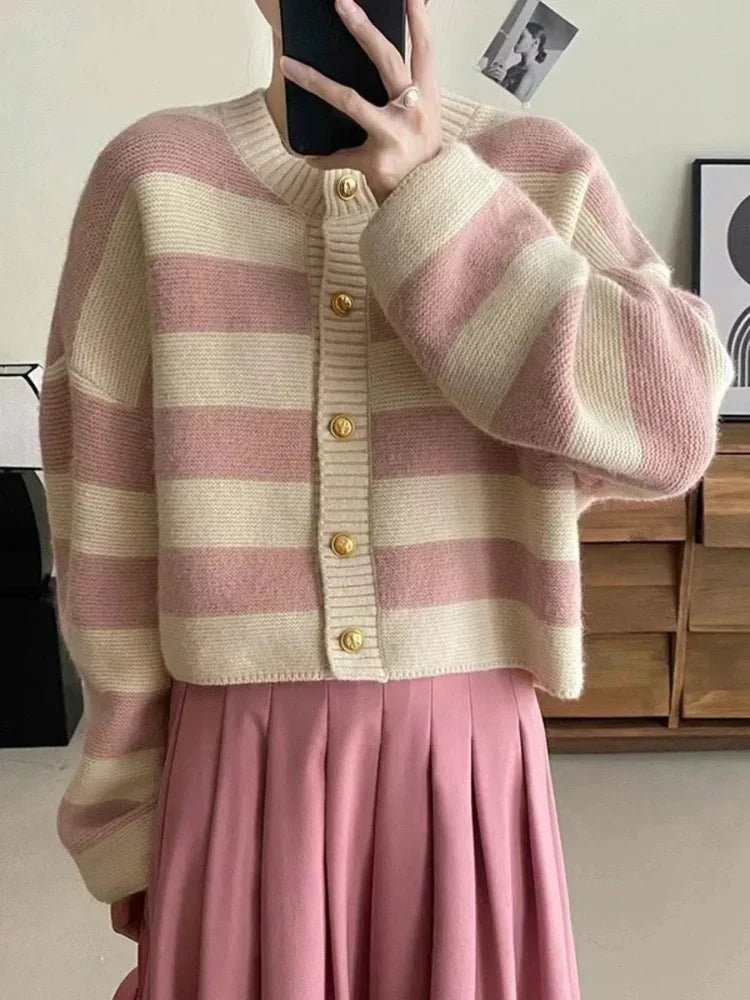 SaneShoppe - Korean fashion sweater cardigan women knitted striped sweater autumn winter long sleeve loose short cardigans female casual tops