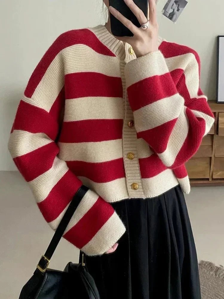 SaneShoppe - Korean fashion sweater cardigan women knitted striped sweater autumn winter long sleeve loose short cardigans female casual tops
