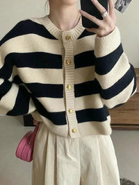 SaneShoppe - Korean fashion sweater cardigan women knitted striped sweater autumn winter long sleeve loose short cardigans female casual tops