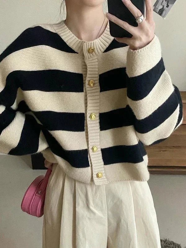 SaneShoppe - Korean fashion sweater cardigan women knitted striped sweater autumn winter long sleeve loose short cardigans female casual tops