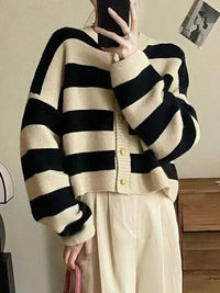 SaneShoppe - Korean fashion sweater cardigan women knitted striped sweater autumn winter long sleeve loose short cardigans female casual tops
