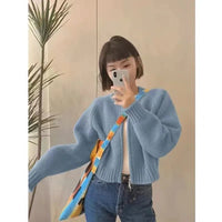 SaneShoppe - Korean Style Double Zip Women's Elegant Green Knitted Cardigan Slimming Versatile Cropped Sweater Crew Neck Outerwear