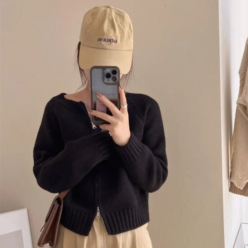 SaneShoppe - Korean Style Double Zip Women's Elegant Green Knitted Cardigan Slimming Versatile Cropped Sweater Crew Neck Outerwear