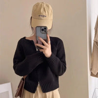 SaneShoppe - Korean Style Double Zip Women's Elegant Green Knitted Cardigan Slimming Versatile Cropped Sweater Crew Neck Outerwear