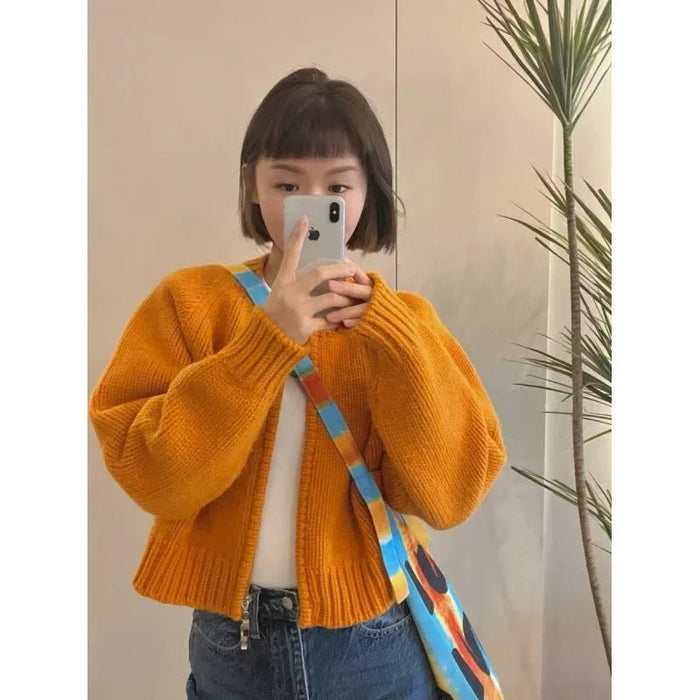 SaneShoppe - Korean Style Double Zip Women's Elegant Green Knitted Cardigan Slimming Versatile Cropped Sweater Crew Neck Outerwear