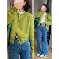 SaneShoppe - Korean Style Double Zip Women's Elegant Green Knitted Cardigan Slimming Versatile Cropped Sweater Crew Neck Outerwear