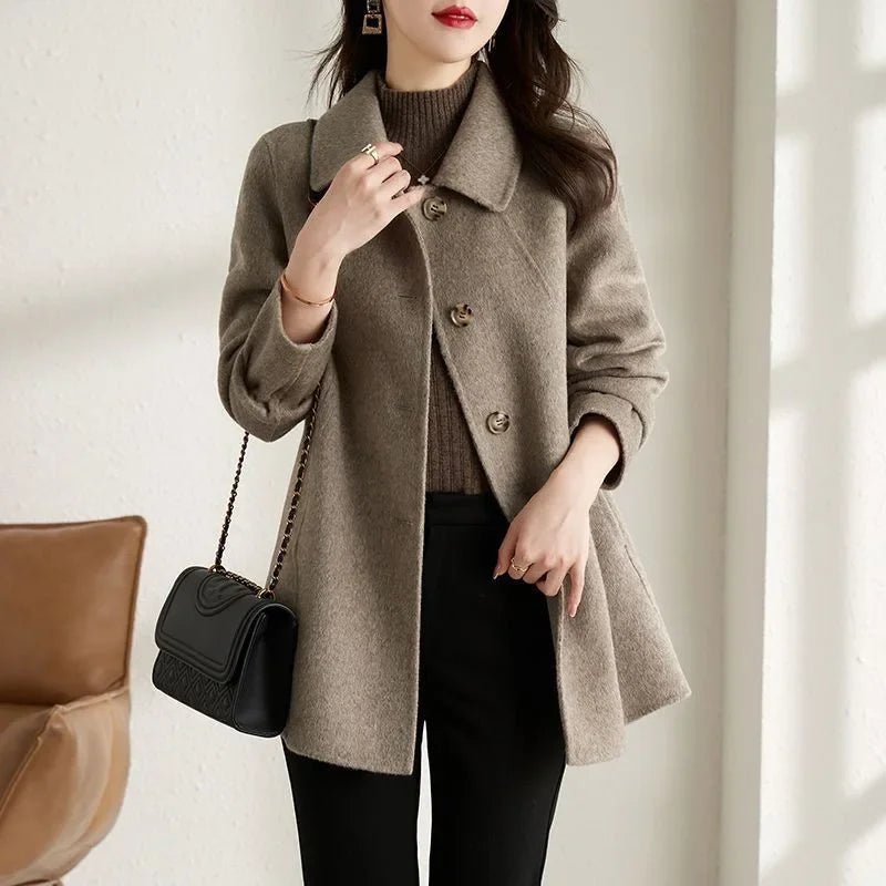 SaneShoppe - Korean Style Elegant High End Autumn Winter New Coat Medium Length Slimming Doll Collar Small Size Woolen Jacket for Women