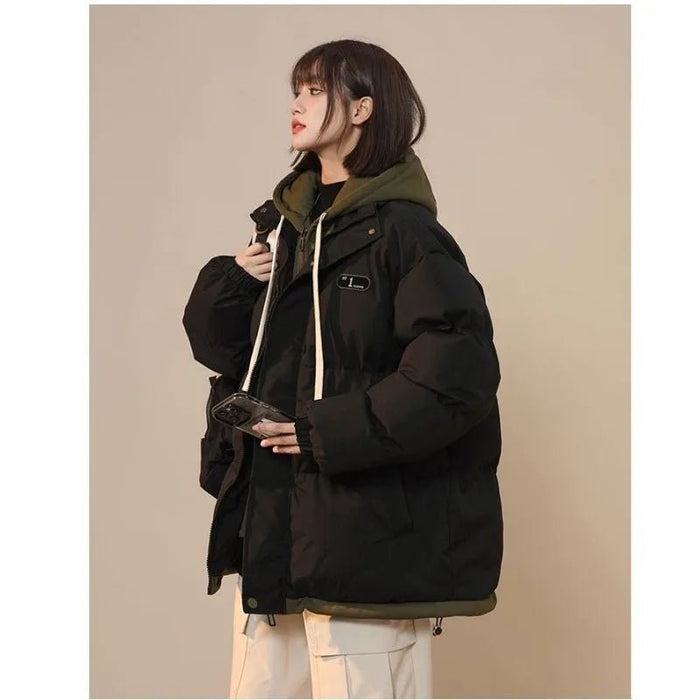 SaneShoppe - Korean Version New Fashion Letter Patch Fake Two Piece Cotton - padded Jacket Y2K Harajuku Vintage Thick Bread Loose Student Coats
