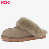 SaneShoppe - KZZO Fashion Natural Sheepskin Leather Slippers For Men Winter Warm Indoor Fur Slippers Soft Wool Lady Home Shoes Non - slip