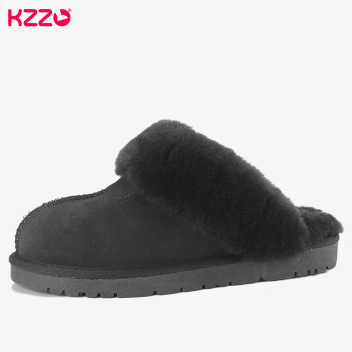 SaneShoppe - KZZO Fashion Natural Sheepskin Leather Slippers For Men Winter Warm Indoor Fur Slippers Soft Wool Lady Home Shoes Non - slip