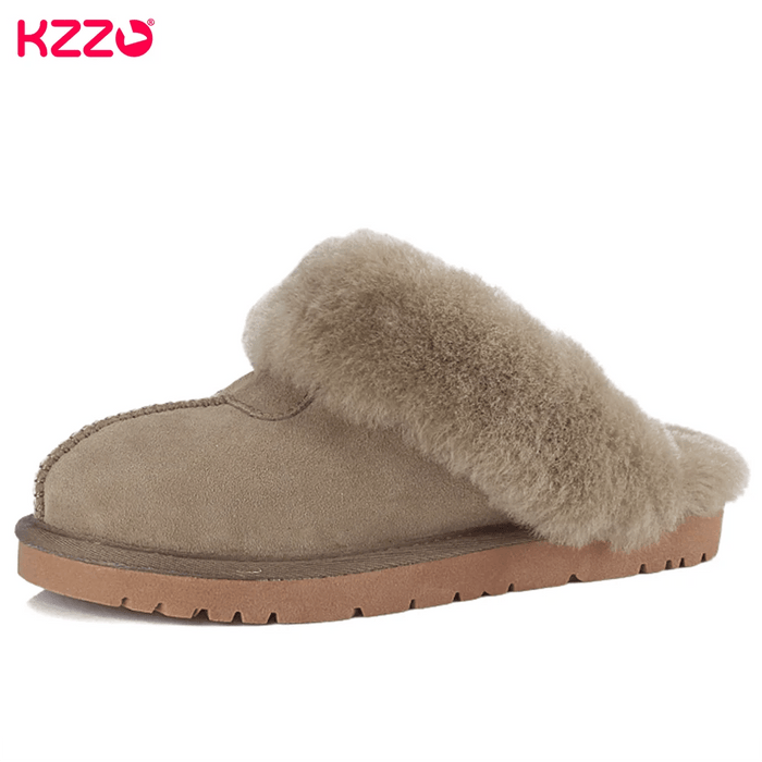 SaneShoppe - KZZO Fashion Natural Sheepskin Leather Slippers For Men Winter Warm Indoor Fur Slippers Soft Wool Lady Home Shoes Non - slip