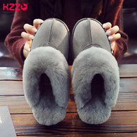 SaneShoppe - KZZO Fashion Natural Sheepskin Leather Slippers For Men Winter Warm Indoor Fur Slippers Soft Wool Lady Home Shoes Non - slip