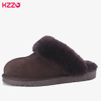 SaneShoppe - KZZO Fashion Natural Sheepskin Leather Slippers For Men Winter Warm Indoor Fur Slippers Soft Wool Lady Home Shoes Non - slip
