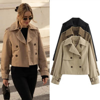SaneShoppe - Ladies Vintage Cropped Trench Spring Autumn Jacket Women Streetwear Double Breasted Long Sleeve Top Female Chic Coat Outfits