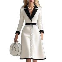 SaneShoppe - Lange Kleider V - neck Button Single - breasted Color - blocking Long - sleeved A - line Tunic Workplace Office Commuter Dress Abendkleid