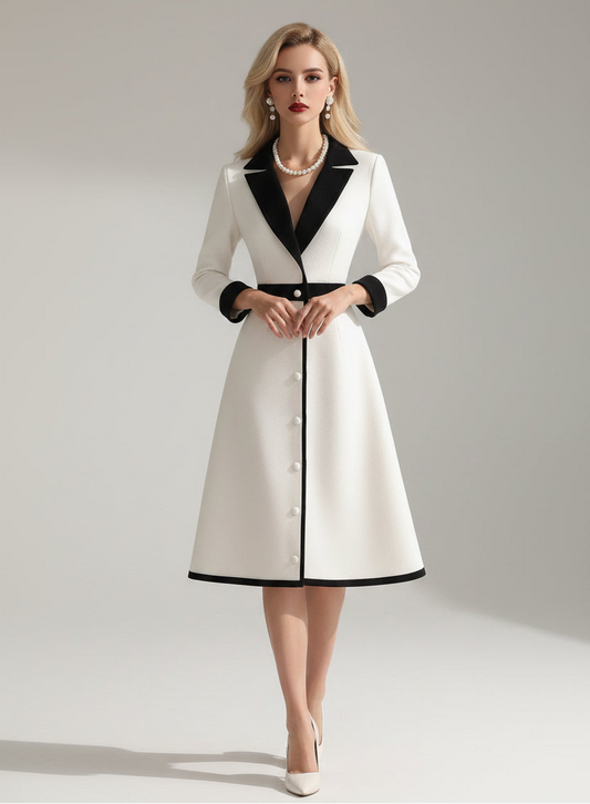 SaneShoppe - Lange Kleider V - neck Button Single - breasted Color - blocking Long - sleeved A - line Tunic Workplace Office Commuter Dress Abendkleid
