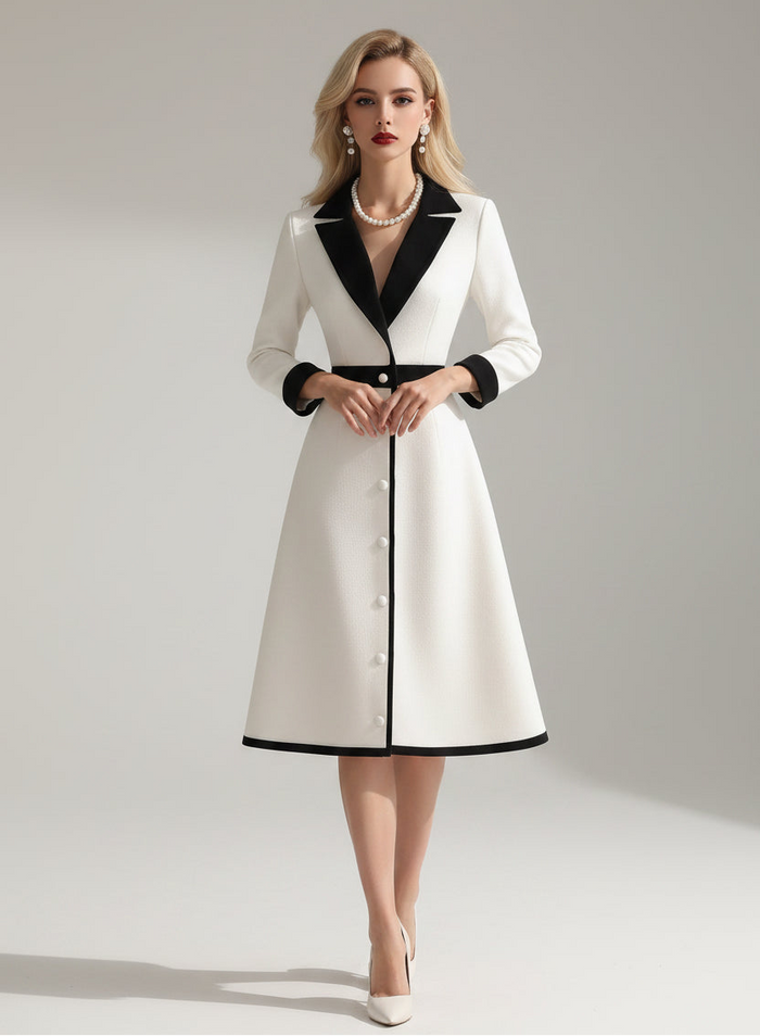 SaneShoppe - Lange Kleider V - neck Button Single - breasted Color - blocking Long - sleeved A - line Tunic Workplace Office Commuter Dress Abendkleid