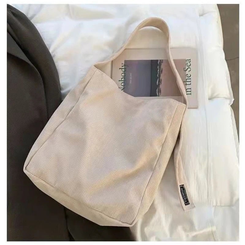 SaneShoppe - Large Corduroy Shoulder Shopper Bag for Women Cotton Cloth Fashion Canvas Tote Shopping Bags Woman Handbags Reusable Travel Bags