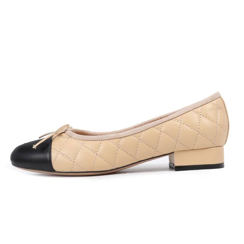 SaneShoppe-Women's Leather Ballet Flats with Chunky Heel, Butterfly Knot Detail