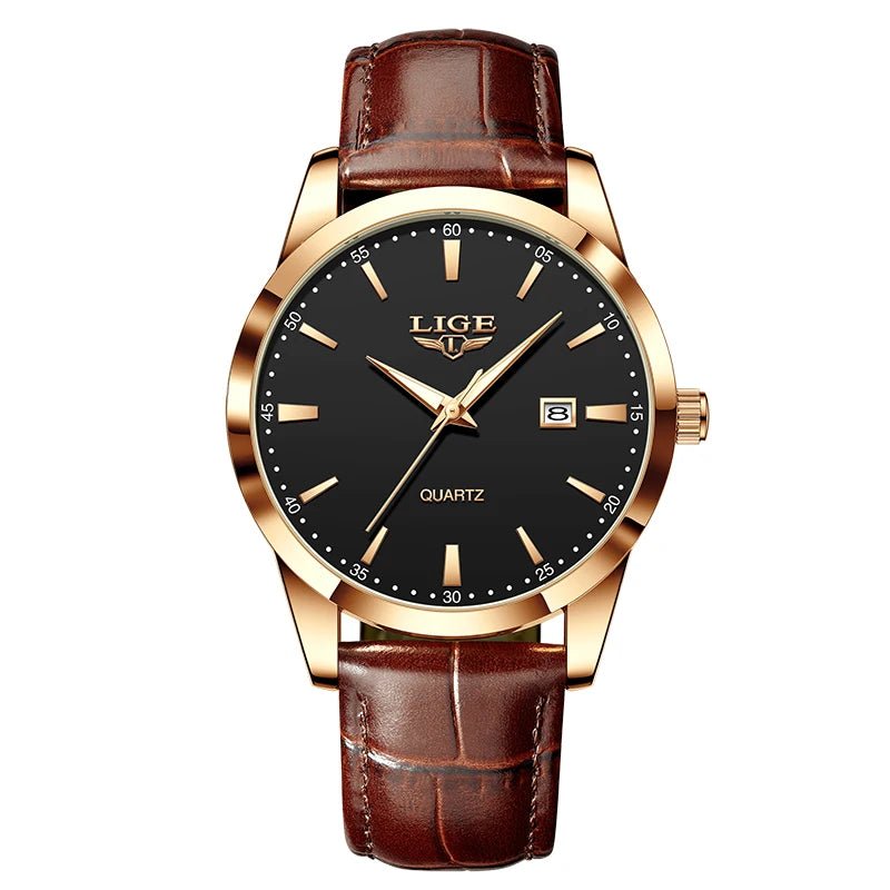 SaneShoppe-LIGE Men's Military Sports Quartz Watch - Brown Leather Waterproof Chronograph