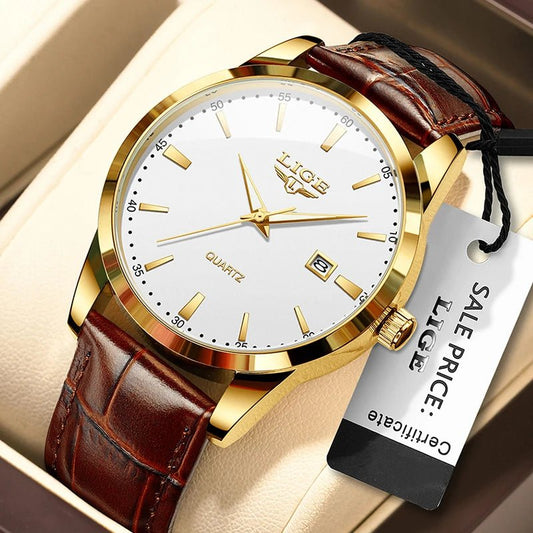 SaneShoppe-LIGE Men's Military Sports Quartz Watch - Brown Leather Waterproof Chronograph