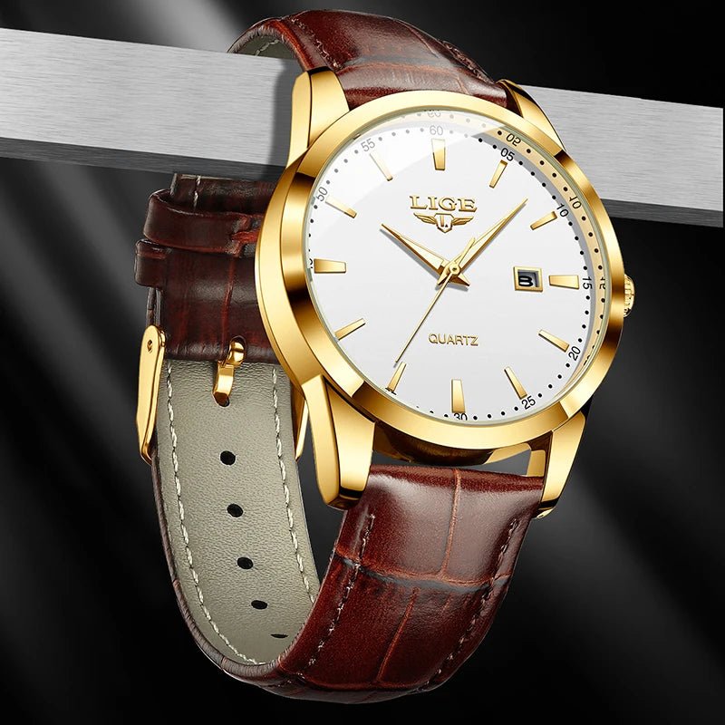 SaneShoppe-LIGE Men's Military Sports Quartz Watch - Brown Leather Waterproof Chronograph